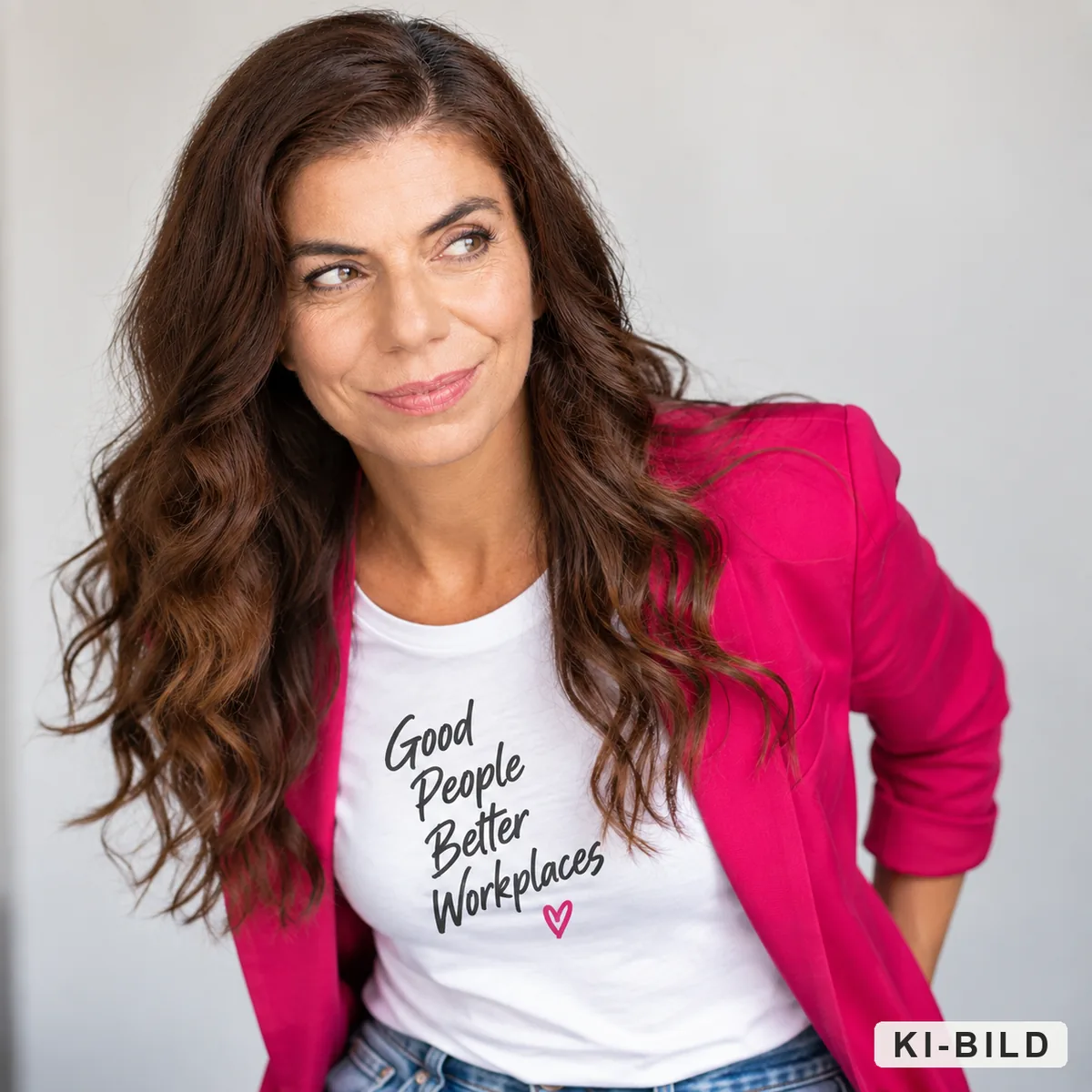 Mit KI erstelltes Bild: Doris Steinscherer im pinken Blazer, auf dem T-Shirt steht Good People Better Workplaces